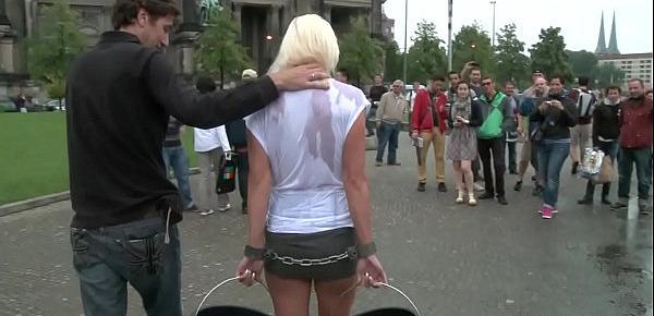  Blonde public disgraced in wet blouse